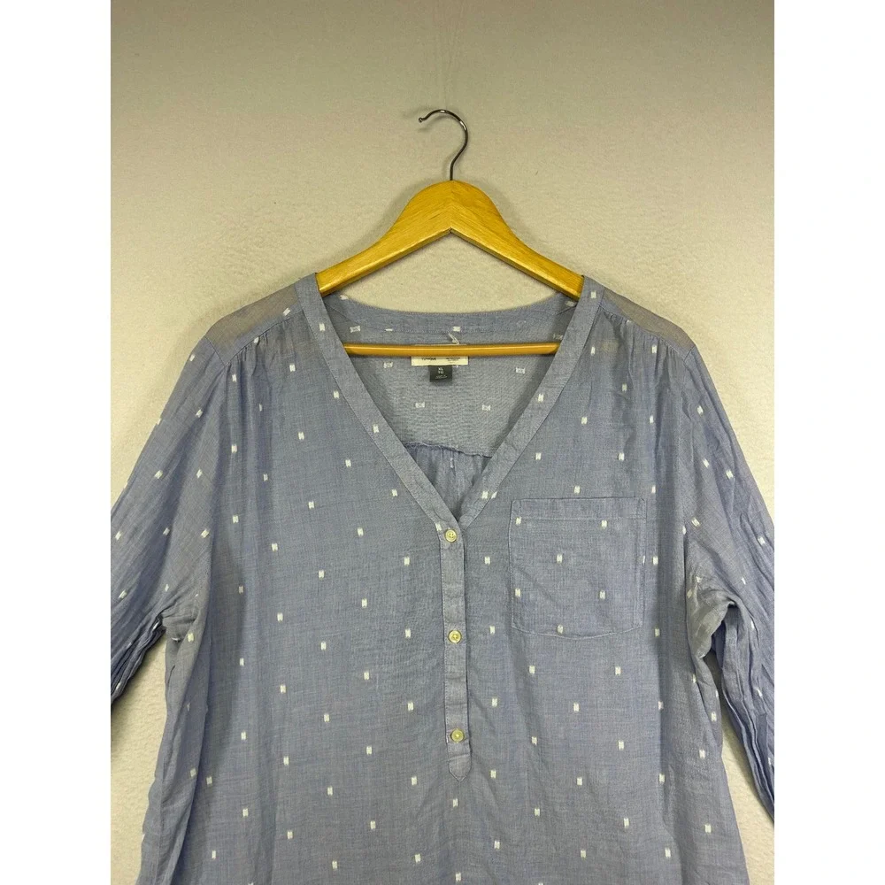 Boho Coastal Old Navy Womens XL Blue Clip Dot Henley V-Neck Cotton Tunic‎ Top